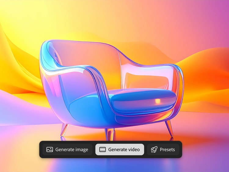 https://main--da-cc--adobecom.aem.page/cc-shared/assets/products/firefly/features/ai-animation-generator/media_15dc250d6cd38796eb841140aeaa9bad11e0c8769.mp4#_autoplay | Durchsichtiger Glassessel mit blauem Kissen vor Verlaufshintergrund