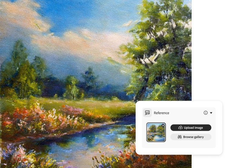 KI-generiertes Bild einer schönen Landschaft mit einem Fluss und Blumen an den Ufern, mit Overlay der Benutzeroberfläche für Stilreferenzen, die zeigt, wie ein Bild hochgeladen werden kann.
