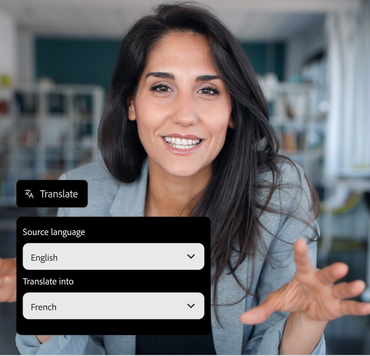 Eine Videoaufnahme einer Frau mit grafischem Overlay des KI-Audioübersetzers für die Übersetzung vom Englischen ins Französische.