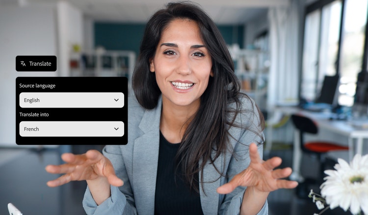 Eine Videoaufnahme einer Frau mit grafischem Overlay des KI-Audioübersetzers für die Übersetzung vom Englischen ins Französische.