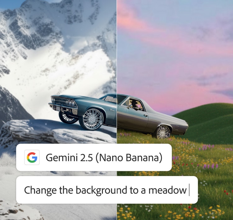 Mit Gemini 2.5 generiertes und bearbeitetes Bild eines Autos vor einem unterteilten Hintergrund aus einer grünen Blumenwiese und einer verschneiten Berglandschaft. Der dafür verwendete Prompt lautete: „Ändere den Hintergrund in eine Wiese.“