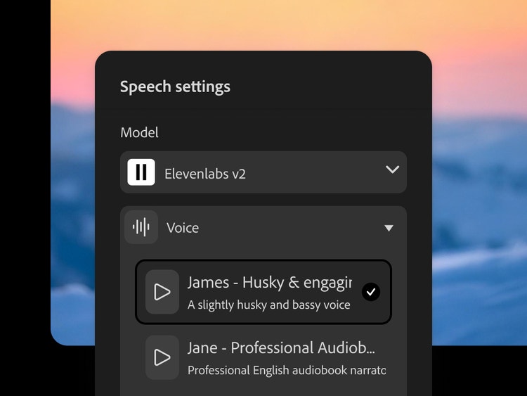 Firefly-Menü „Einstellungen für Sprache“ mit ausgewähltem Modell ElevenLabs und verschiedenen Optionen für Stimmen bzw. Sprechstile.
