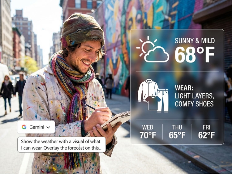 KI-generiertes Bild einer Person, die vor einem Graffiti auf einer Straße in der Stadt in ein Notizbuch schreibt, mit Overlay einer Wettervorhersage für 20 Grad Celsius und Outfit-Vorschlag