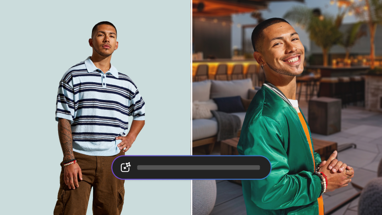 Portraits côte à côte générés par Adobe Firefly d’une personne dans des tenues différentes, en intérieur et en extérieur