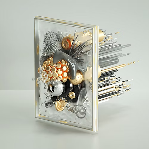 Formes abstraites dépassant d’un cadre en verre