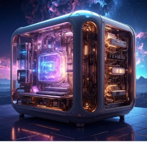 Image surréaliste générée par l’IA d’un PC lumineux au boîtier transparent, posé devant un paysage montagneux sous un ciel étoilé