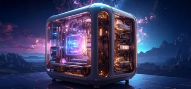 Image surréaliste générée par l’IA d’un PC lumineux au boîtier transparent, posé devant un paysage montagneux sous un ciel étoilé