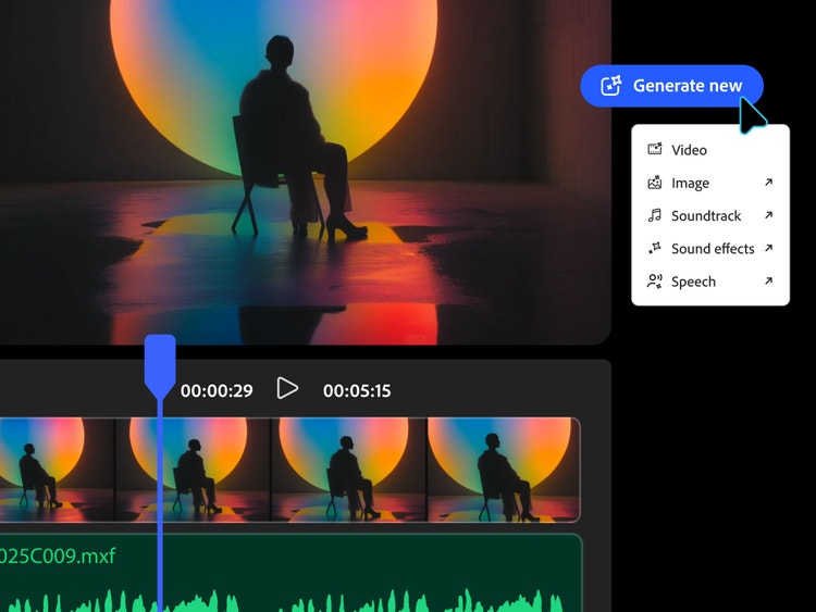 Image d’une silhouette assise dans un fauteuil devant un cercle de lumière bleu et orange. Un bouton « Générer nouveau », suivi d’options pour la vidéo, l’image, les effets sonores et la parole, est affiché à droite, tandis que la fenêtre de montage d’une application vidéo est visible en bas.