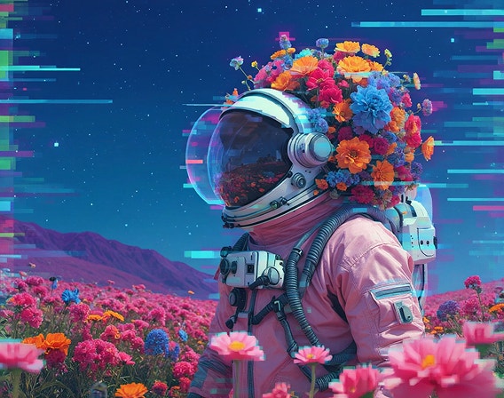 Image de style glitch graphique d’une personne portant un casque d’astronaute orné d’une couronne de fleurs colorées, se détachant sur un fond bleu vif