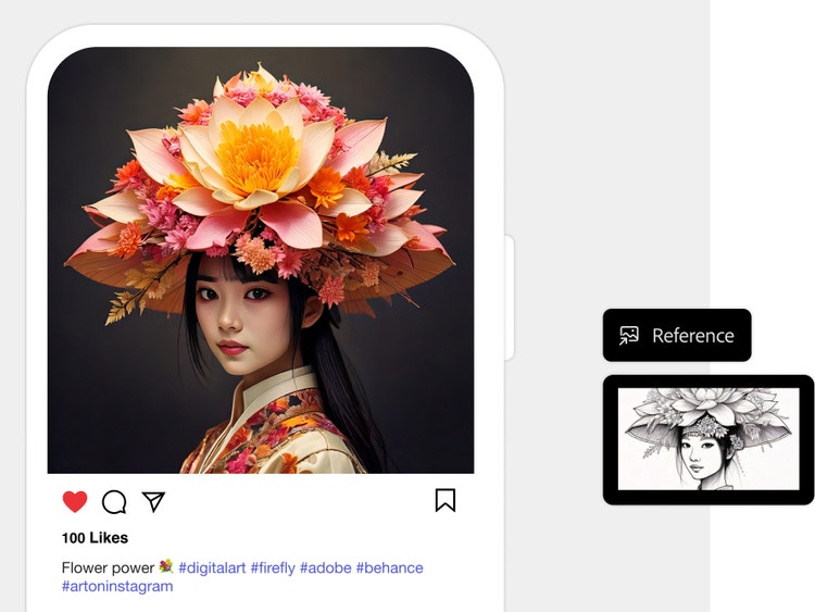 Femme en tenue traditionnelle portant une coiffe composée de lotus et de fleurs roses, avec interface de photo de référence dans le générateur d’œuvres de design graphique par IA