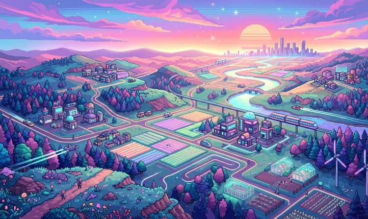 Paysage en pixel art représentant des fermes, une rivière, un panorama urbain et un coucher de soleil coloré au loin