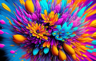 Illustration générée par l’IA de Firefly représentant une fleur fluorescente aux pétales turquoise, magenta et jaunes