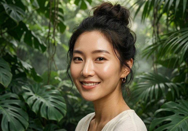 Portrait en gros plan généré par l’IA d’une jeune femme avec un chignon approximatif dans un décor de jungle