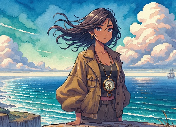 Personnage d’anime de style pixel art avec les cheveux qui flottent au vent, portant une boussole autour du cou en guise de collier et regardant l’océan en toile de fond