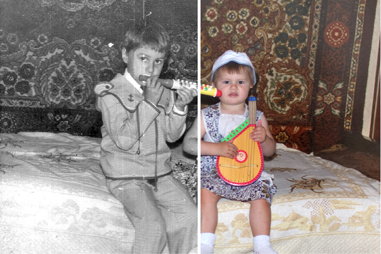 Comparaison côte à côte d’une photo de famille présentant des dommages et des plis avec sa version restaurée. Cette dernière a été colorisée et les défauts ont disparu.