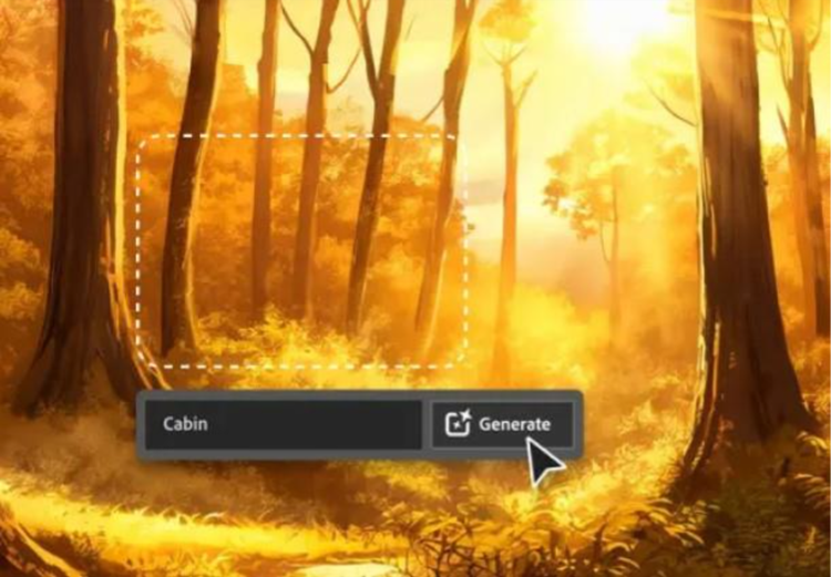 Image générée par l’IA d’une forêt au coucher du soleil, avec incrustation du bouton Générer et du prompt utilisé pour ajouter un chalet