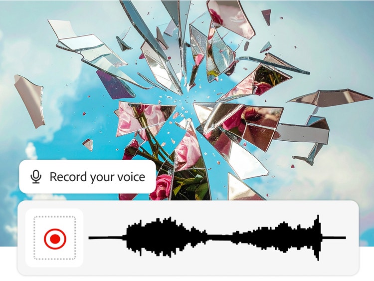 Visuel de verre brisé volant vers l’extérieur, révélant des fleurs roses et un ciel bleu. Une interface d’enregistrement vocal est affichée en dessous avec une forme d’onde suggérant l’utilisation d’un générateur d’effets sonores pour capturer ou simuler le son du verre qui se brise.