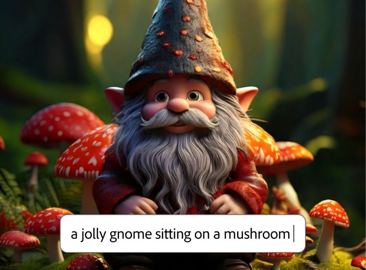 Image générée par l’IA représentant un lutin jovial assis sur un champignon en style 3D, avec le prompt utilisé en incrustation