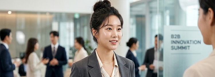 Portrait en gros plan généré par l’IA d’une jeune femme avec un chignon approximatif, portant une veste, en train de discuter dans un bureau