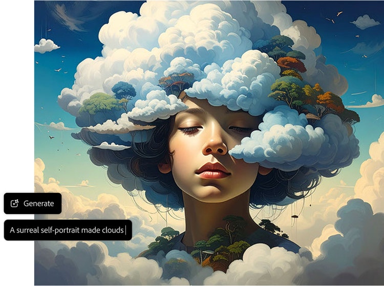 Portrait surréaliste généré par l’IA d’une femme avec des nuages en guise de cheveux et un éclairage spectaculaire, avec incrustation du prompt utilisé dans le générateur de portraits par IA