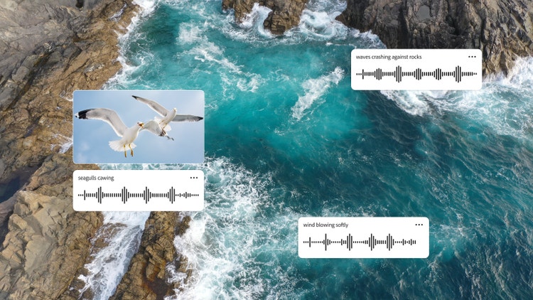 Vue aérienne de l’océan bordé de falaises rocheuses, avec trois pistes audio incrustées représentant des effets sonores naturels et réalistes (le vent, les vagues et les mouettes), créés à l’aide du générateur par IA de Firefly