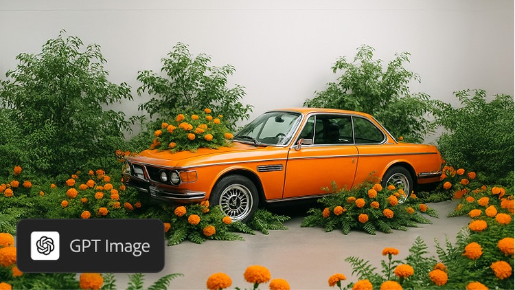 Image générée par l’IA de ChatGPT représentant une voiture ancienne orange entourée d’une végétation luxuriante et de fleurs orange éclatantes
