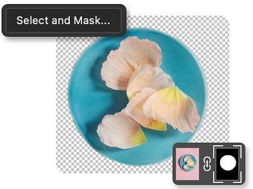 Pétales de fleurs sur une assiette bleue modifiés à l’aide de l’espace de travail Sélectionner et masquer, dont l’icône apparaît en incrustation