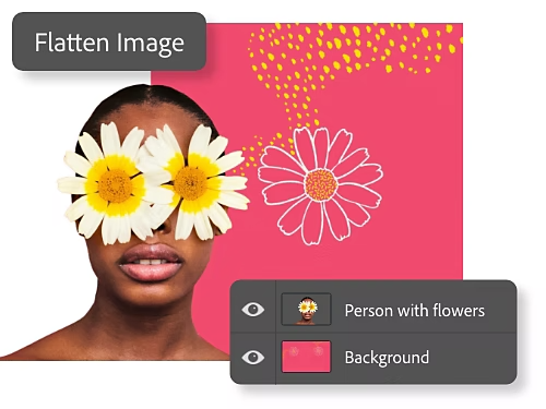 Image aplatie d’une personne avec des fleurs sur les yeux