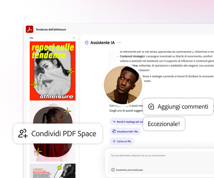 https://main--da-dc--adobecom.aem.page/dc-shared/assets/videos/acrobat/generative-ai-pdf/media_1e333cc710804d05ef085eb5562584a0c8e656d23.mp4#_autoplay1 | Immagine dell'Assistente IA di Acrobat che mostra un'area di lavoro con il testo "Condividi PDF Space".