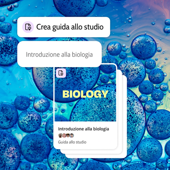 Celle al microscopio sullo sfondo. Prompt per creare una guida allo studio per il corso di introduzione alla biologia e un’anteprima della guida stessa.