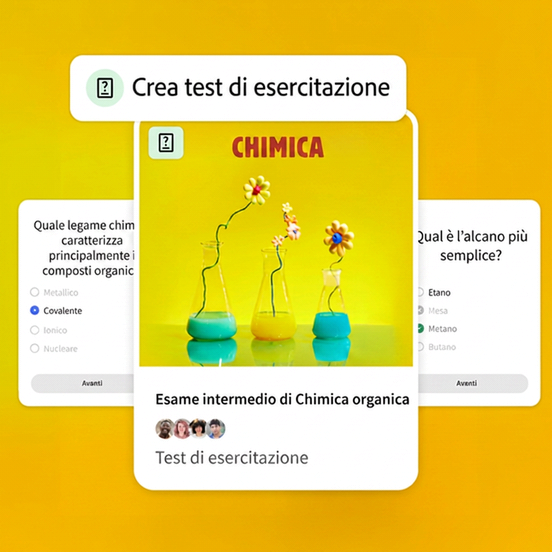 Prompt per creare un test di esercitazione per l’esame intermedio di chimica organica. Al centro ci sono tre becher da laboratorio da cui spuntano dei fiori. Ai lati ci sono le domande del test di chimica.