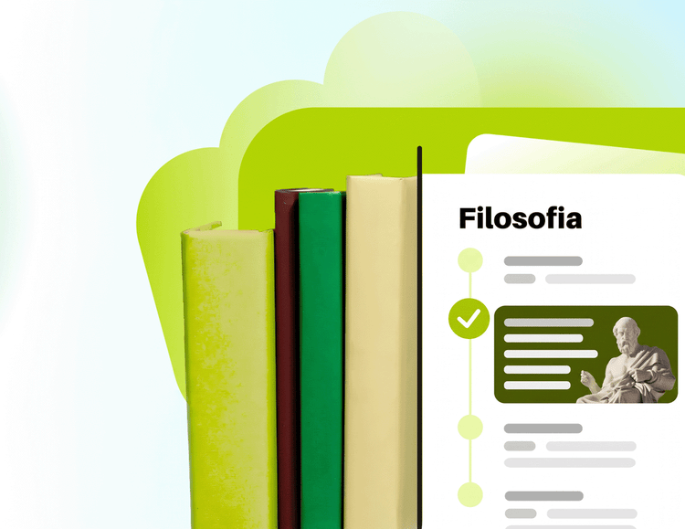 Illustrazione in verde di una guida allo studio della filosofia. Libri impilati sullo sfondo.