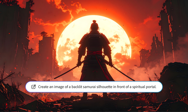 Immagine generata dall’IA che mostra la sagoma di un samurai in controluce in un paesaggio in rovina con un portale circolare luminoso, con sovrimpressione del prompt su Firefly che descrive la scena raffigurata nell’immagine.