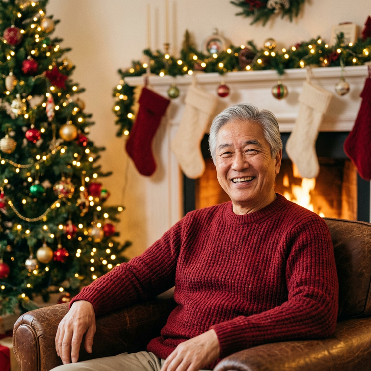Un uomo asiatico anziano seduto comodamente in un soggiorno accogliente, davanti a un caminetto decorato con luci a catena calde e un albero di Natale, per una foto profilo natalizia. Il soggetto principale indossa un maglione lavorato a maglia caldo, è rilassato e sorride in modo naturale. Palette cromatica: toni caldi dominanti — rosso cranberry, verde abete, luci a catena oro caldo, crema soffice. Atmosfera: festosa, accogliente, calda, invitante. Tecnica: fotografia. Illuminazione: luce ambientale dorata calda del caminetto e delle luci a catena. Composizione: regola dei terzi, soggetto leggermente decentrato davanti a un caminetto accogliente ben visibile, profondità di campo ridotta solo sullo sfondo.