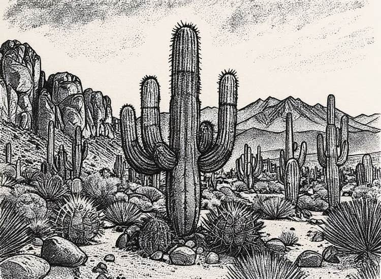 Disegno a penna e inchiostro generato dall’IA che raffigura un paesaggio desertico surreale, con una varietà di cactus immersi in una luce sfumata e suggestiva.