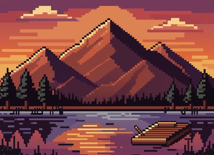 Scena in stile pixel art retrò raffigurante una catena montuosa marrone sotto un cielo arancione, con un placido lago in primo piano.