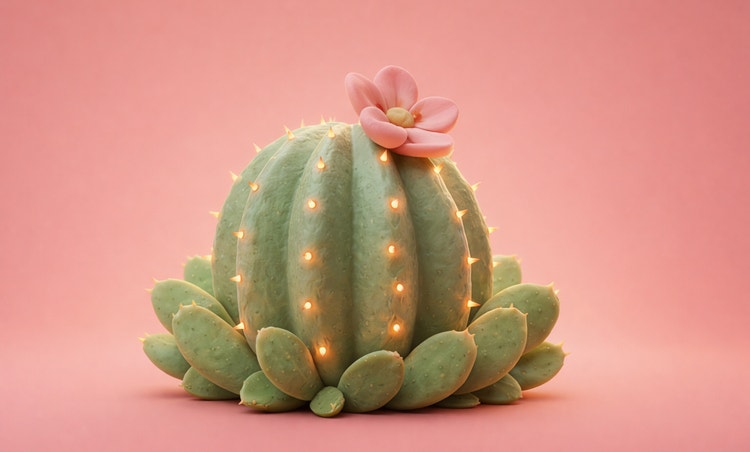 Cactus luminoso con lucine su uno sfondo rosa tenue.