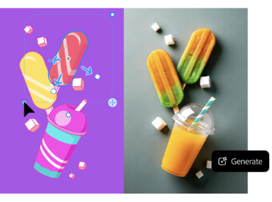 Confronto tra grafica di riferimento colorata a sinistra e immagine 3D generata con ghiaccioli e granita a destra nello strumento Da scena a immagine