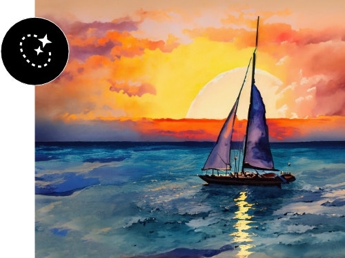 Dipinto in stile impressionista che raffigura una barca a vela sul mare al tramonto con una luce calda nel generatore di dipinti IA