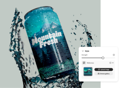 Immagine generata dall'IA di una lattina circondata da uno spruzzo d'acqua che mostra l'interfaccia per il caricamento del riferimento di stile da usare per la Corrispondenza generativa