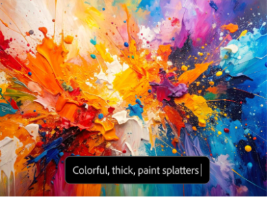 Composizione astratta generata dall'IA con schizzi di vernice ad alto contrasto in stile espressionista e l'interfaccia del prompt di testo nel generatore IA