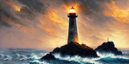 Immagine generata dall’IA di un faro immerso in una luce cupa e suggestiva, circondato da onde che si infrangono