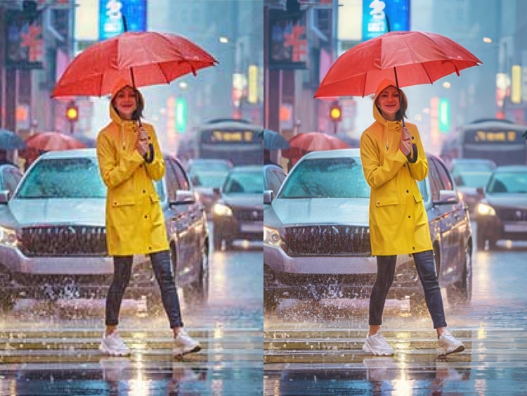 Due immagini di una donna che attraversa una strada cittadina nell’ora di punta sono mostrate una accanto all’altra. L’immagine a destra è più dettagliata grazie all’upscaling.