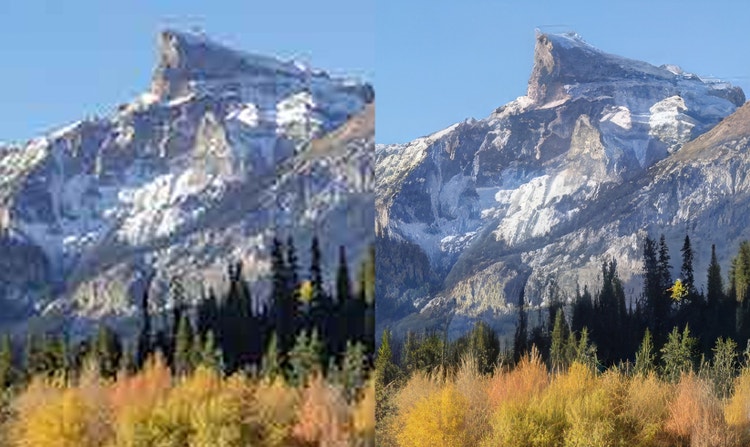 Un confronto affiancato di due versioni dell'immagine di una montagna. L’immagine a destra è più nitida, ma conserva il suo aspetto fotorealistico.