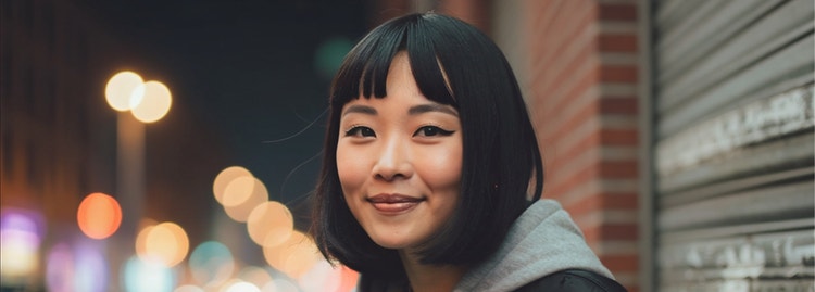 Immagine generata dall’IA di una ragazza dal look moderno in una strada cittadina davanti a un muro di mattoni con una serranda chiusa in metallo e luci effetto bokeh.