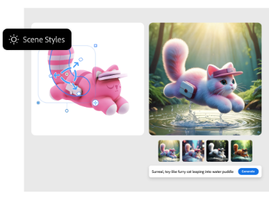 Grafica di riferimento di un gatto rosa con opzioni di stile della scena a sinistra, gatto 3D in stile surreale a destra con 3 varianti nel generatore di arte 3D