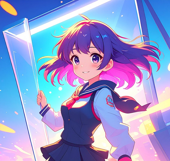 Ragazza anime generata dall’IA con capelli sfumati nei toni del rosa, del viola e del rosso, che indossa un’uniforme da marinaia, circondata da effetti luminosi dai colori pastello.