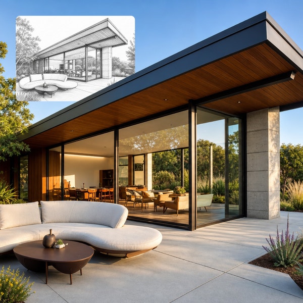 Casa moderna con pareti di vetro a tutta altezza, tetto piano a sbalzo e patio con giardino e un divano da esterno curvo, affiancata da un piccolo schizzo architettonico dello stesso progetto.