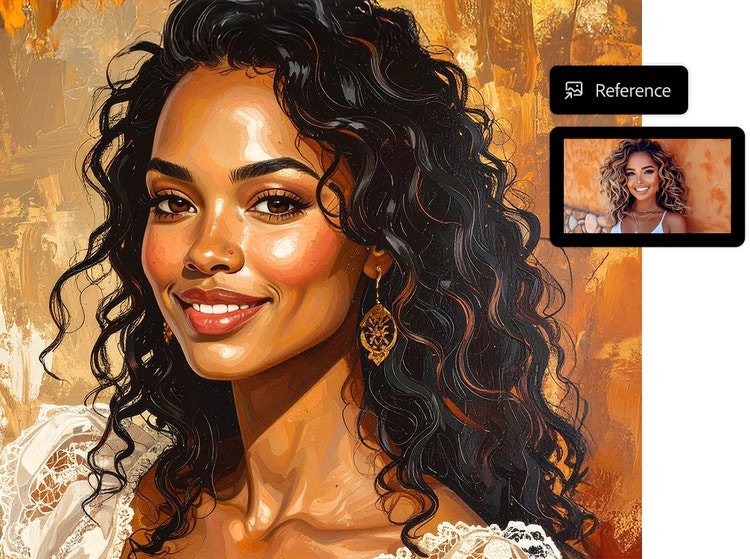 Ritratto illustrato pittorico di una persona sorridente con capelli ricci su uno sfondo caldo e con texture, accompagnato da un’immagine di riferimento con una foto della persona.