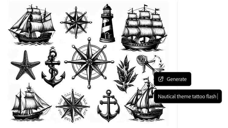 Flash sheet di disegni a tema nautico con navi, ancore e bussole che mostrano il prompt di testo inserito nel generatore di tatuaggi IA